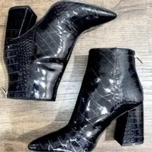 Vince Camuto Glossy Black Croc-Patterned Booties